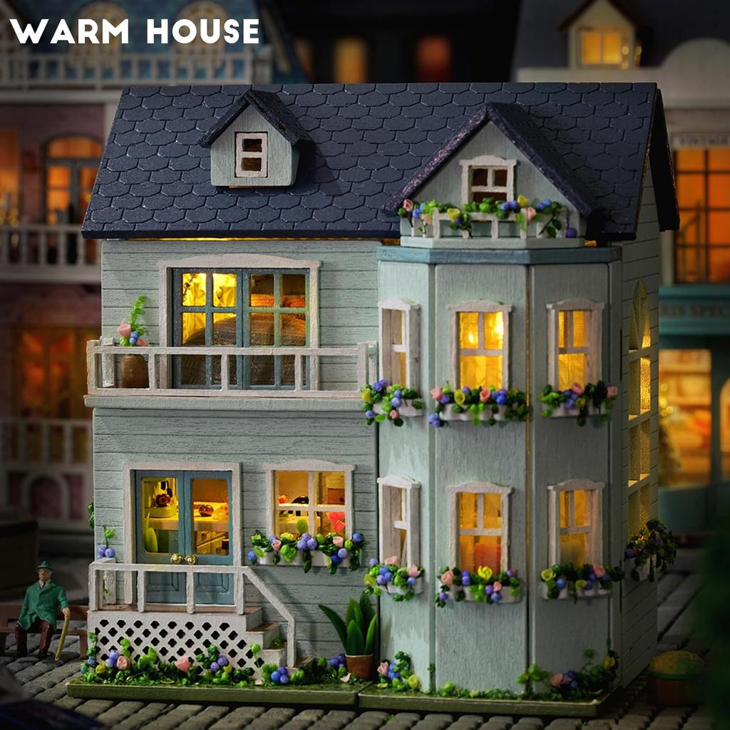 Spilay DIY Puppenhaus Miniatur Holzmöbel Bausatz, Mini Handgemachtes Puppenhaus mit LED-Lichtern, 1:Kreatives Holzhandwerk Bastelspielzeug im Maßstab 1:24 (D-005),