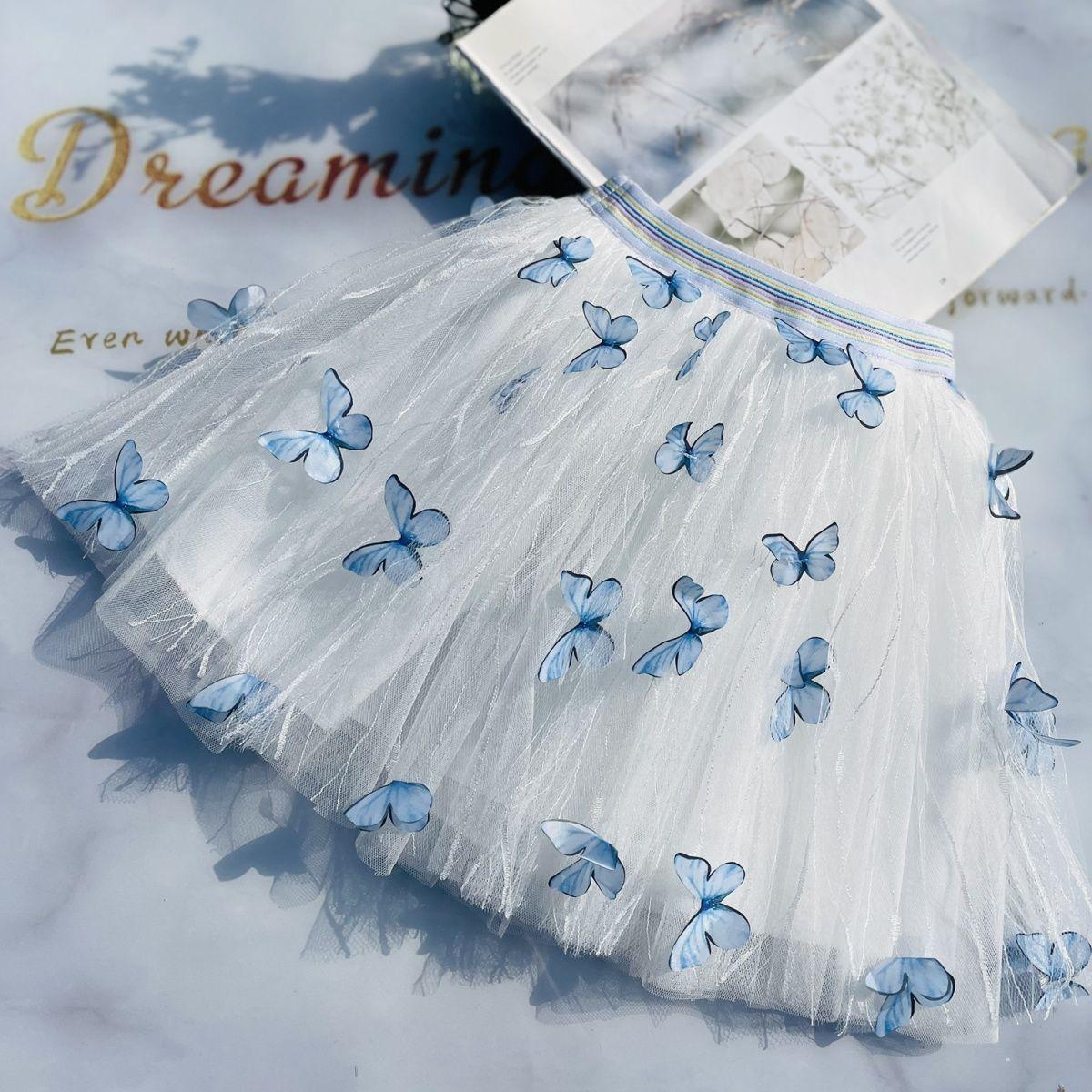 

Юбка-полуюбка для девочек, сетчатая юбка с объемными бабочками, детская модная универсальная юбка-фонарик 150 синий