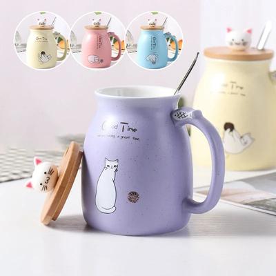 Taza de Café con Tapa Estilo Gato Taza de Café de Cerámica con Cuchara Linda Kawaii Gran Capacidad Taza para Té con Leche con Asa Regalo de Cumpleaños