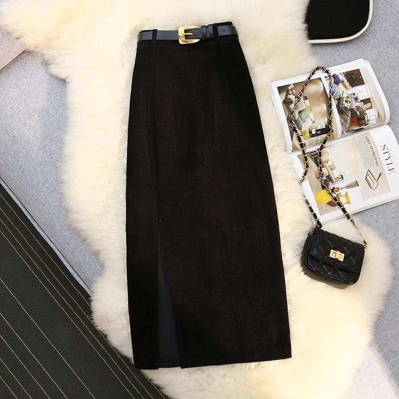Autumn Winter Corduroy Women's Skirts with Belted High Waist Straight Classic Front Split Skirts Ladies Female