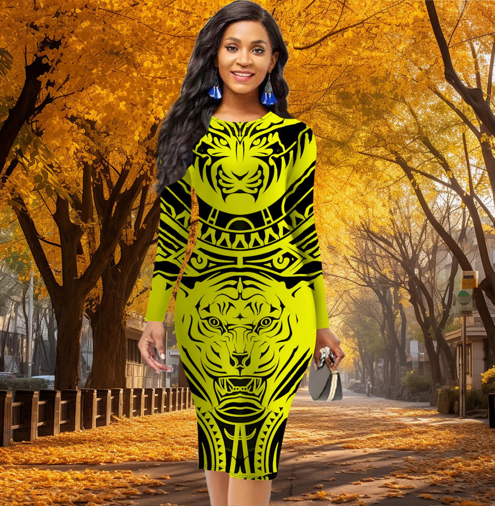 

Длинный рукав, облегающее, офисное, облегающее, с простым принтом животных, элегантное облегающее платье XS жёлтый