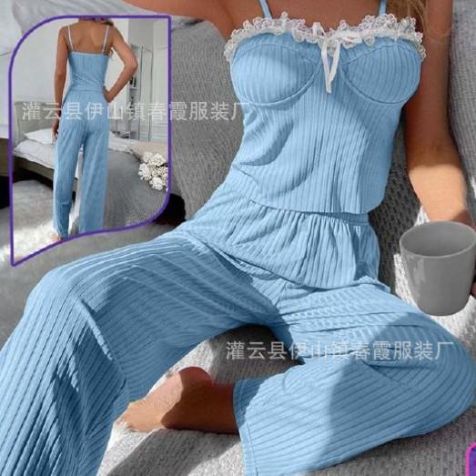 

Xiyin sells European and American women s pajamas Pajama two-piece set of best-selling loungewear S озеро синий