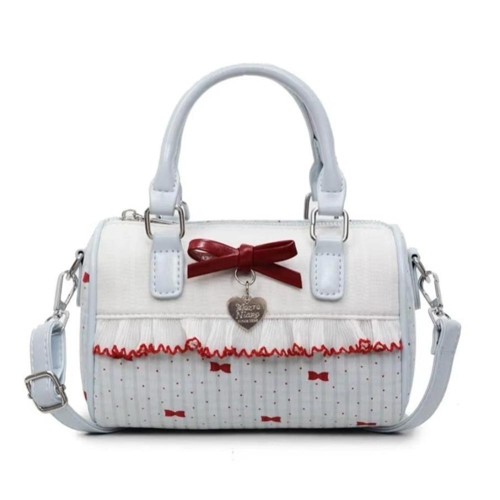 PU Leather Lolita Crossbody Bag Dot Pattern Sweet Bow Single Shoulder Tote Ruffle Design Pillow Shape Sweet Bow Bag for Women