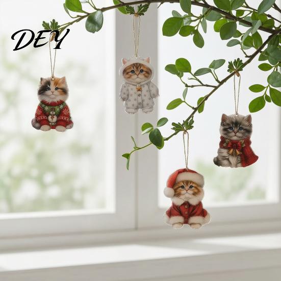 Festive Party Supplies Cute Cat Christmas Ornaments, 2D Wooden Cartoon Tree Hanging Decor Decorations for Winter Holiday Home Xmas Ornaments