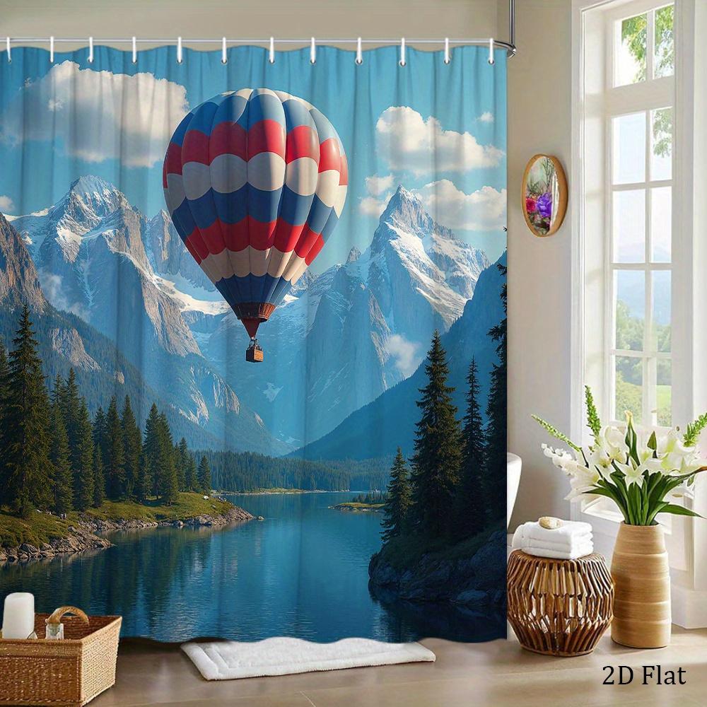 Hot Air Balloon Shower Curtain Mountain Lake Landscape Print Polyester Bath Curtain With Hooks For Nature Adventure Decor