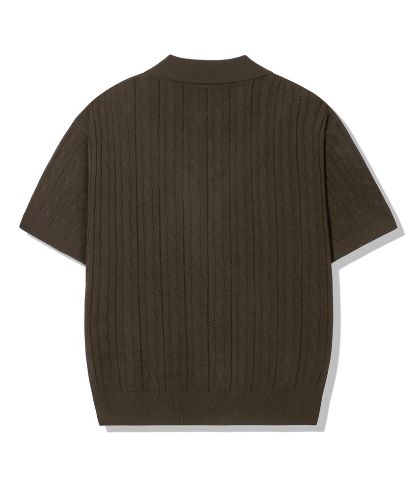 TRILLION Washable Resort Cable Collar Short Sleeve Knit_Brown