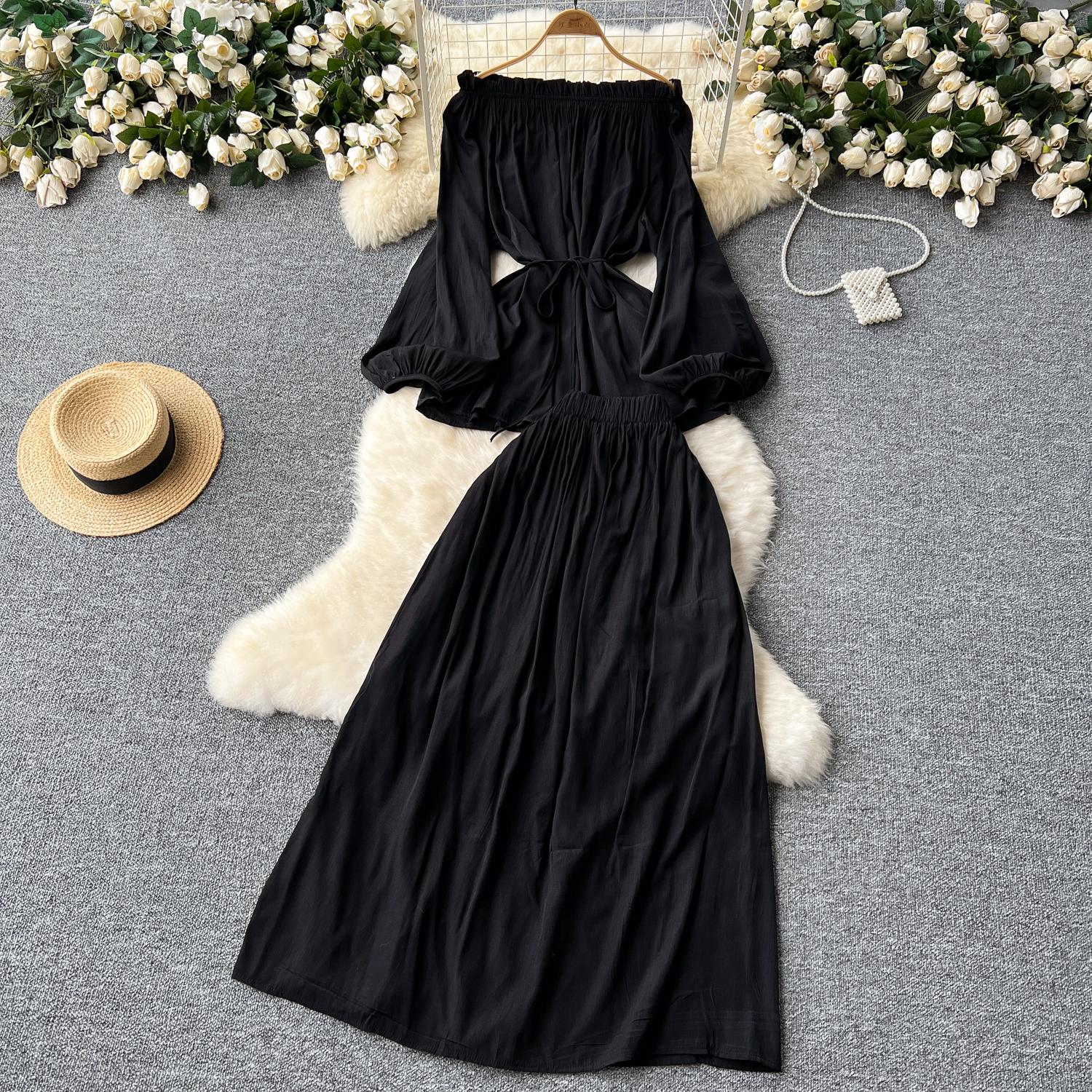 

Ніжні комплекти з двох предметів, жіночі косі горловини, ліхтарики з відкритими плечима, топ з тонкою талією і довгим рукавом + спідниця з високою талією і великим подолом One Size чорний