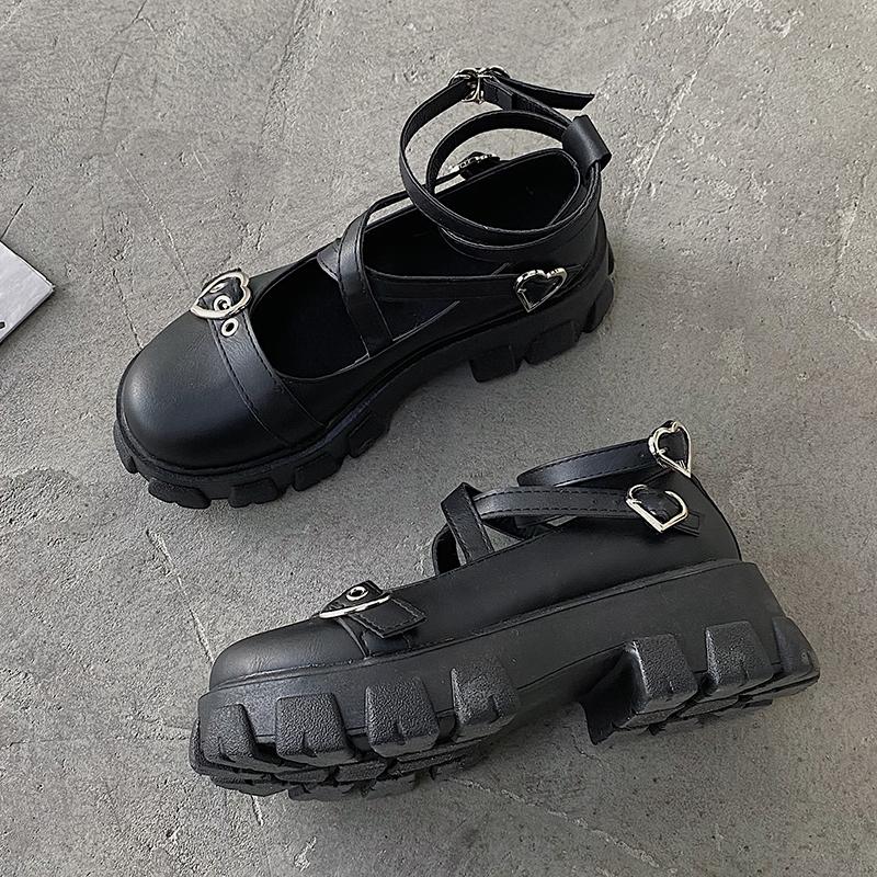 Women 'S Heart Buckle Platform Mary Jane Shoes Fashion Cross Strap Chunky Heels Lolita Shoes Woman Patent Leather Pumps