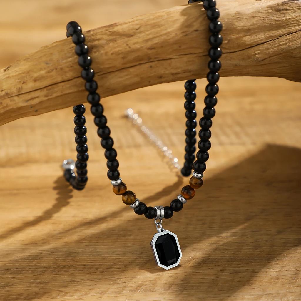 Black Beads with Square Pendant Necklace for Men Trendy Accessories on the Neck Collar 2025 Fashion Jewelry Male Gift Decoration