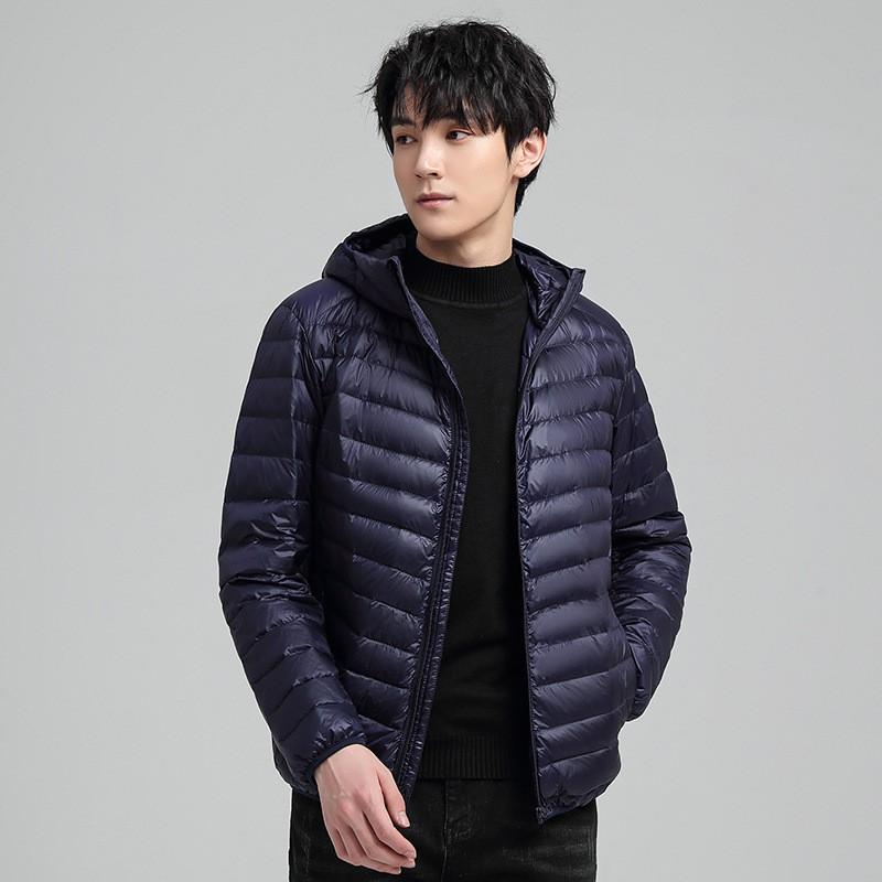 Mens Lightweight Short Down Jacket Hooded Stand Collar Winter Warm Outerwear 90% White Duck