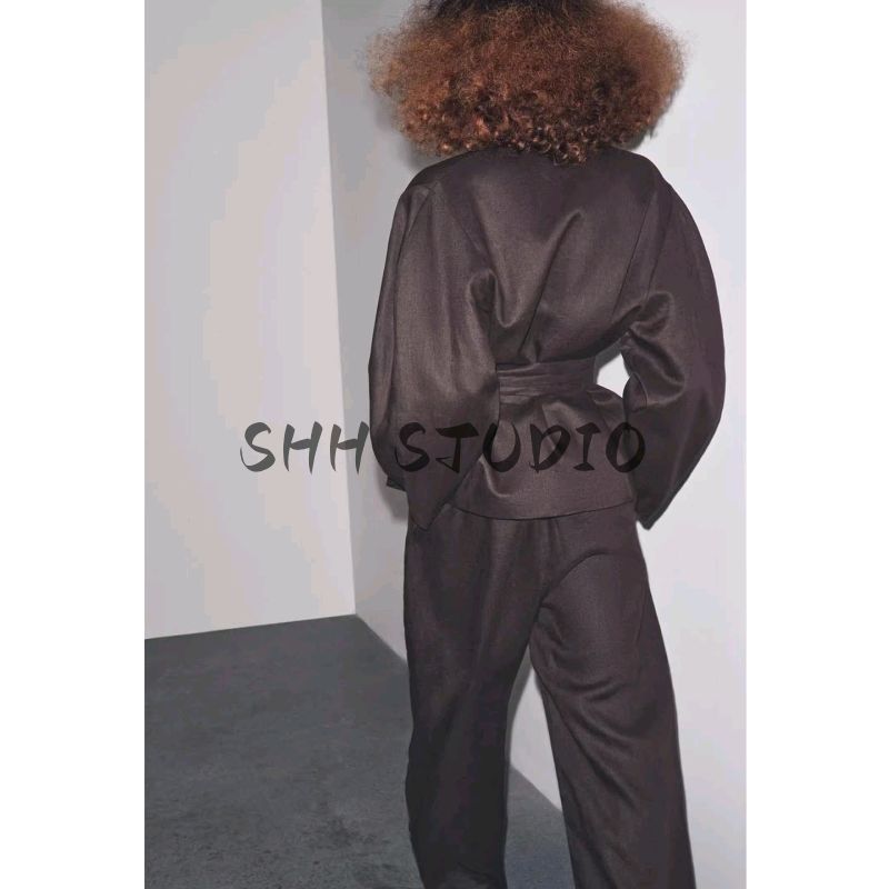 With Belt Round Neck Kimono Coat 8426329 Linen Blended Balloon Mid Waist Pants 7627242