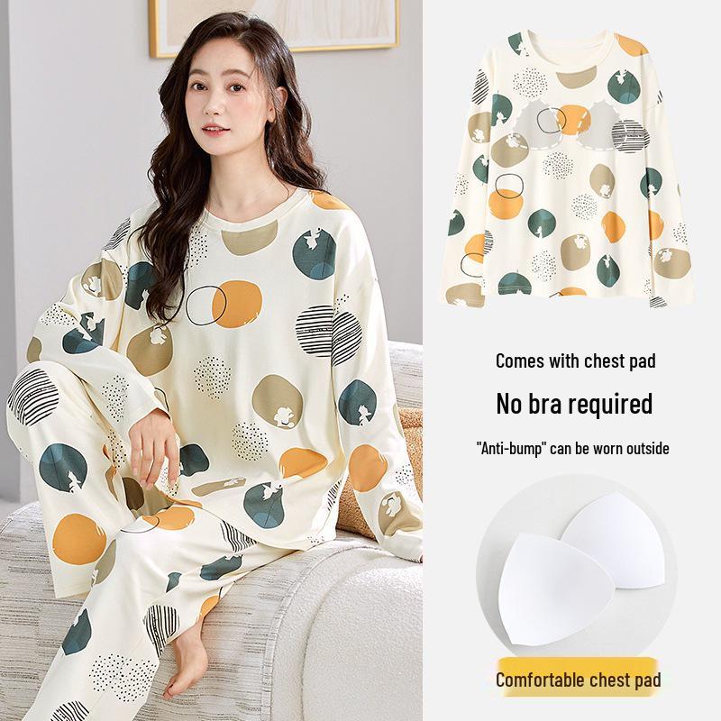Women's 2025 Long-Sleeve Cartoon Pullover Pajamas with Chest Pad - Versatile Cotton Set for Indoor/Outdoor Wear (Autumn/Winter).