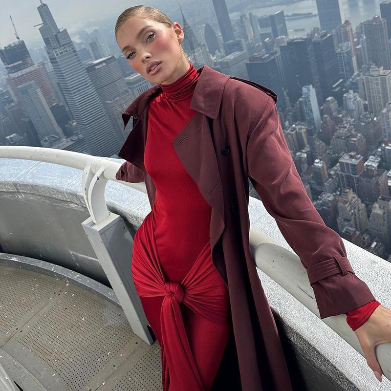 Women's Turtleneck Long Sleeve Maxi Dress Slim High Waist Sexy Solid Tie Front Fall Dress