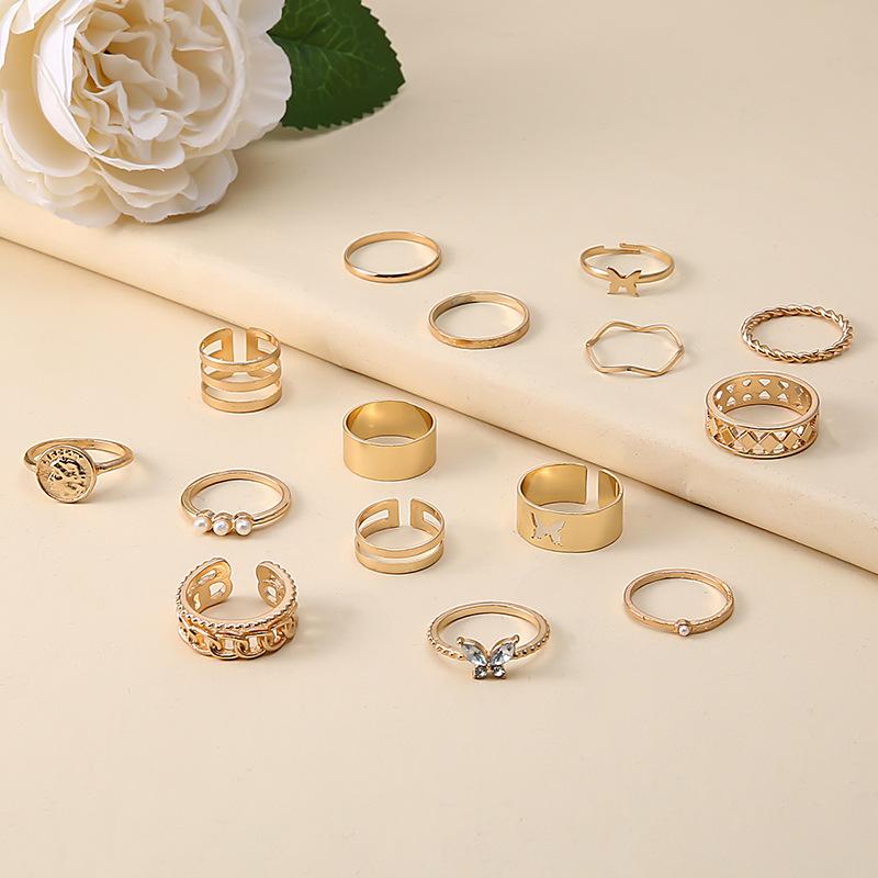 Ring Wind Butterfly Pearl Diamond Set Personalized Hollow Pattern 15-Piece Set Index Finger Tail Ring