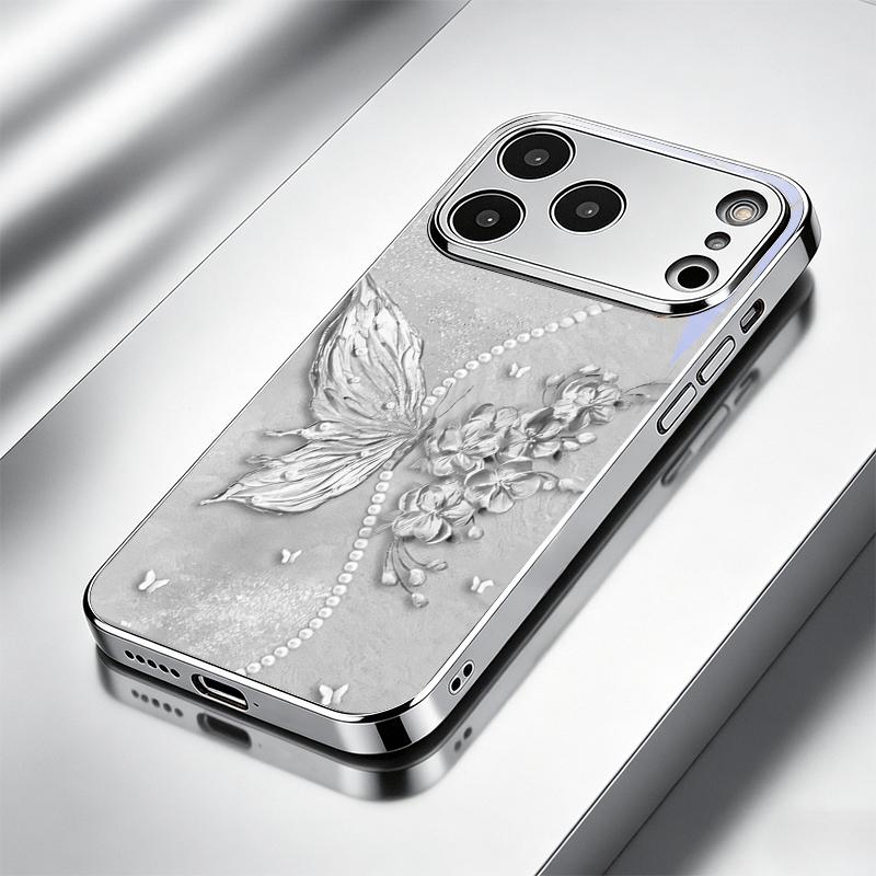 Grey Pearl Butterfly Flower Electroplated Silver Phone Case For iPhone 15 17 16 14 13 12 11 Pro Max Plus 16E 17Air XR 7 8 Cover