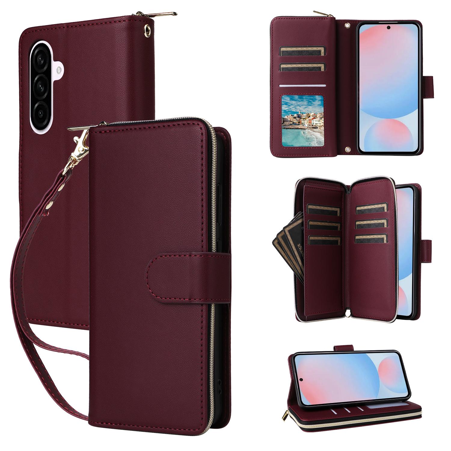 

For Samsung Galaxy A56 5G Case Zipper Pocket PU Leather Cover with 9 Card Slots Wine Red