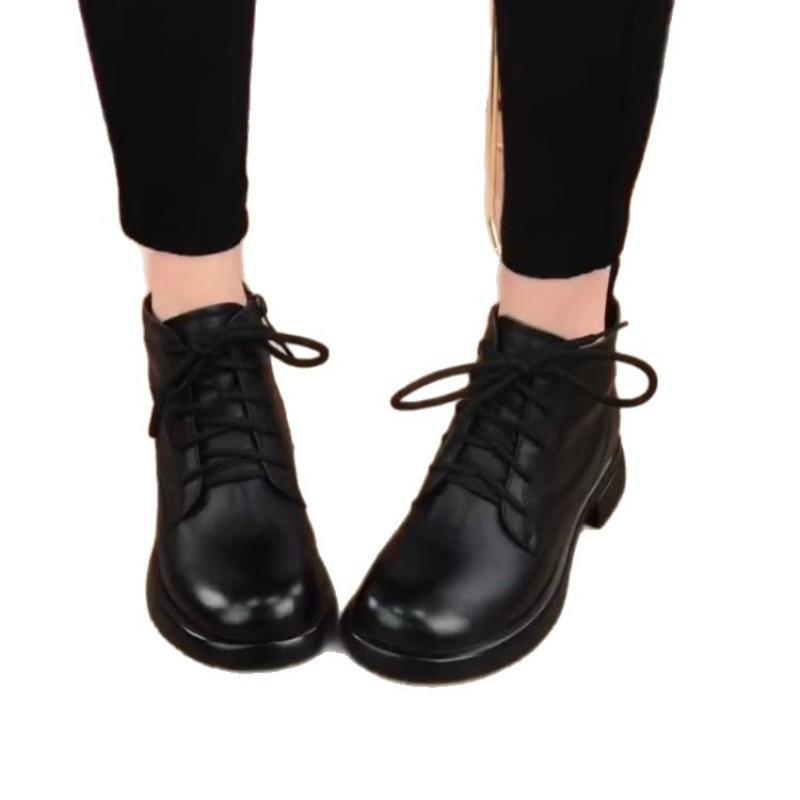 Round Head Soft Sole Martin Leather Boots Women's Cotton Boots Autumn and Winter New Velvet Warm Medium Flat Bottom Fashion Short Boots