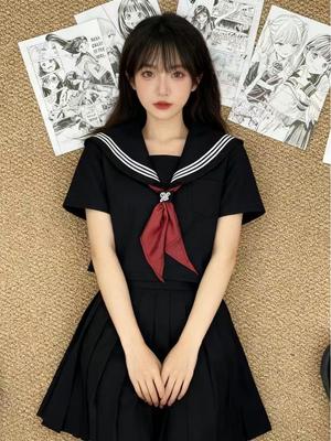 Authentic Japanese Academy Style Black Pleated Skirt Set – Sailor Uniform Midi Skirt