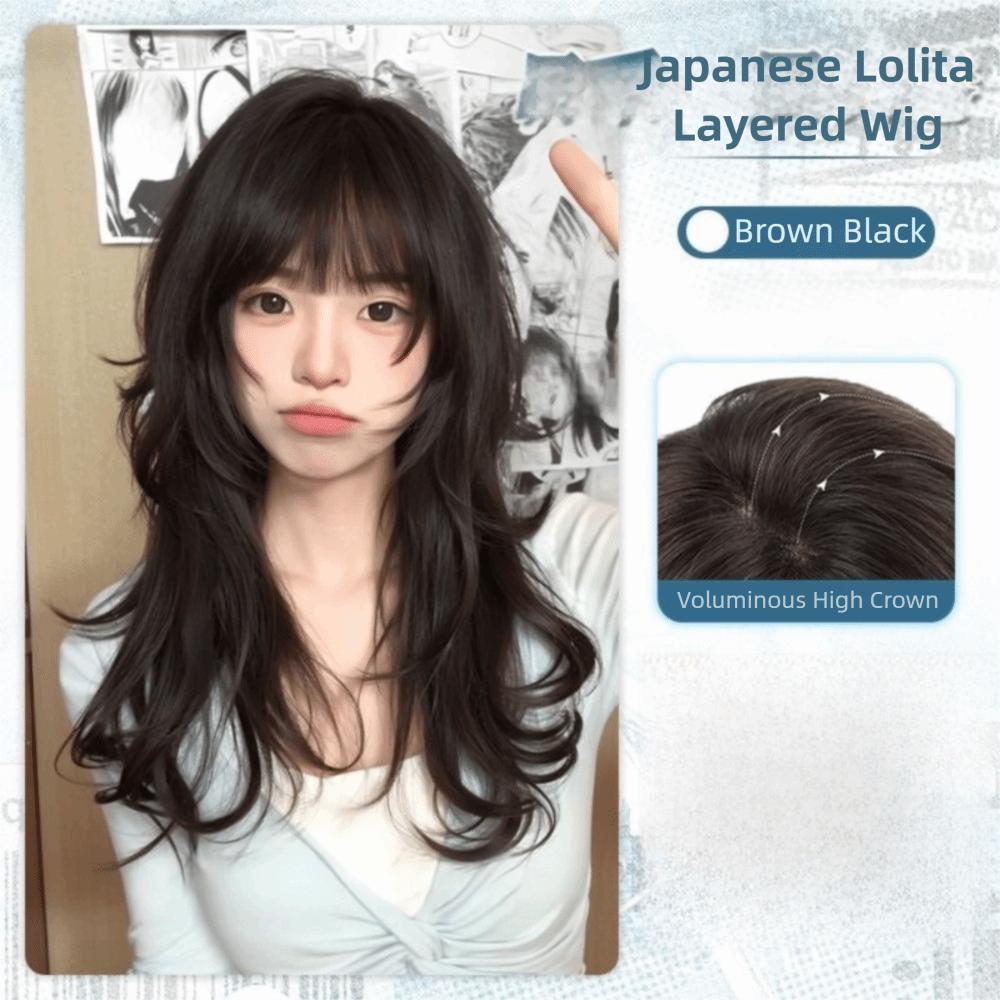 Parrucca Cosplay Stile Giapponese con Frangia Acconciatura Carina Lolita Stratificata Parrucche Capelli Lunghi Ricci Parrucca Festa