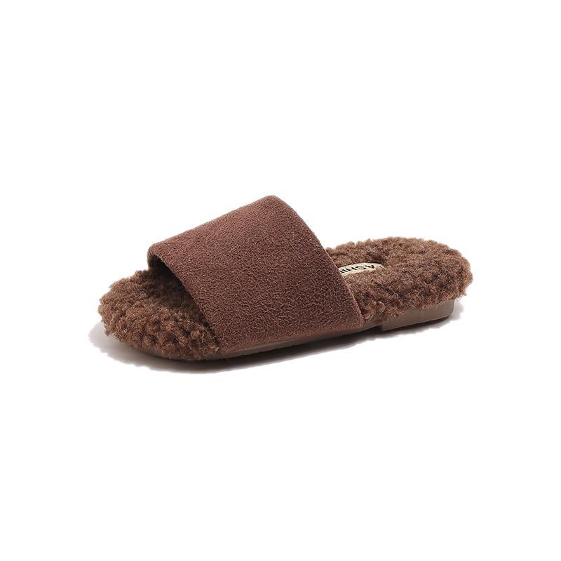 Children's Cotton Slippers Winter New Soft Bottom One-word Wool Slippers Female Students Versatile Warm Fluffy Slippers