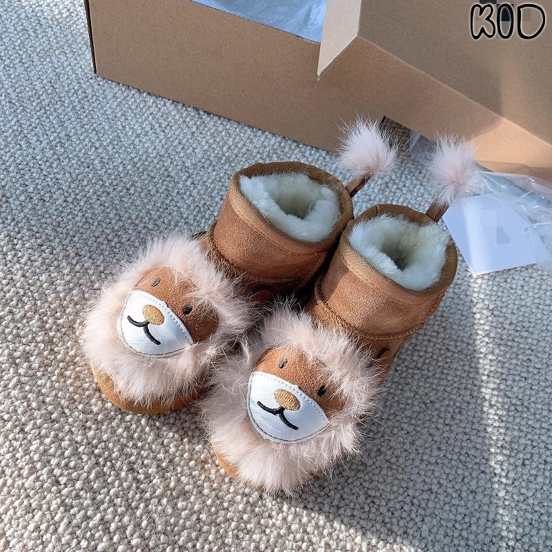 Genuine Leather and Fur Short Boots Little Lion Cartoon Snow Boots for Children Non-slip Warm Cotton Shoes