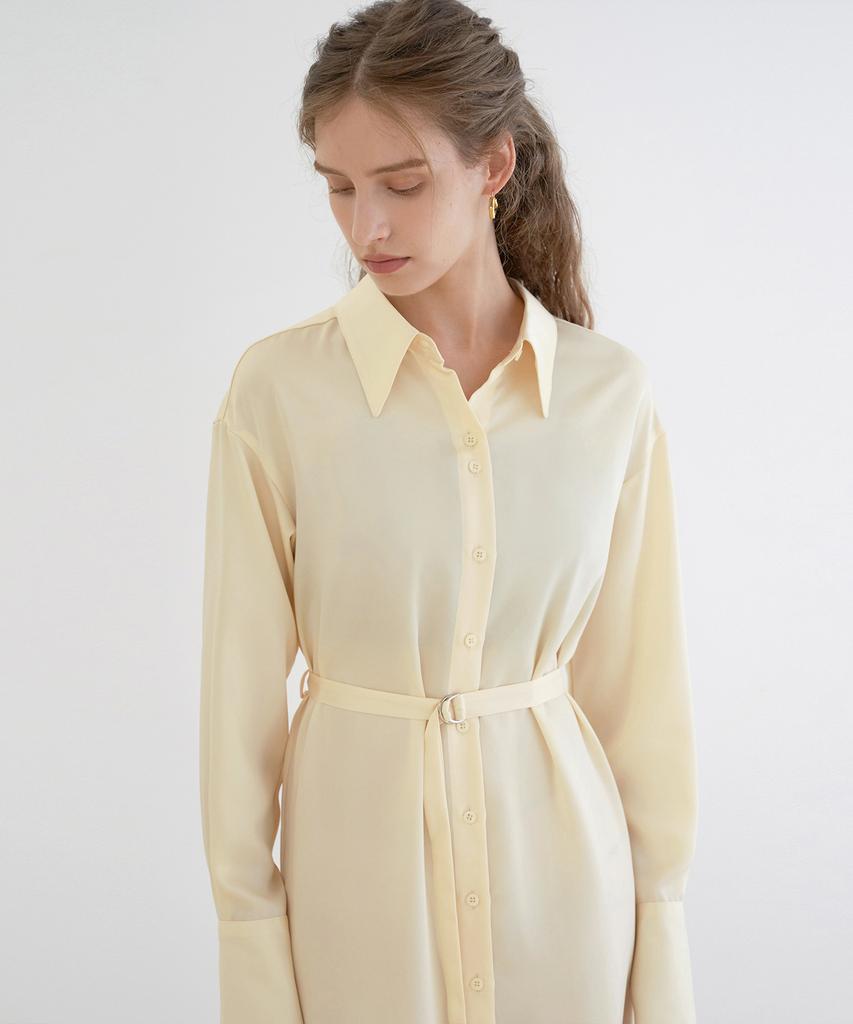 Illoje Two-Button Silky Long Shirt Dress (Yellow)
