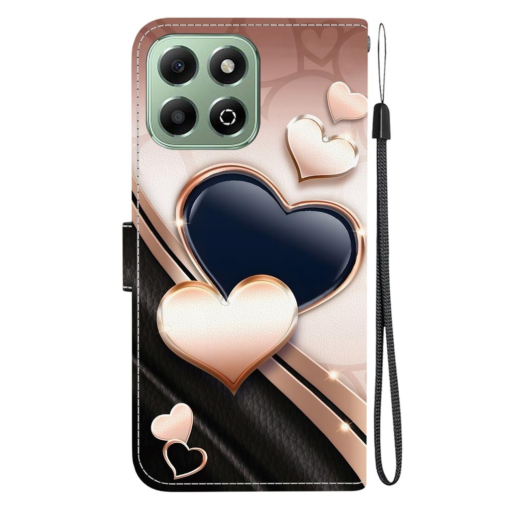 Handmade PU Leather Flip Case for Honor X6b Anti-Slip Shockproof Cover with Wrist Strap & Heart/Rose Cat Designs