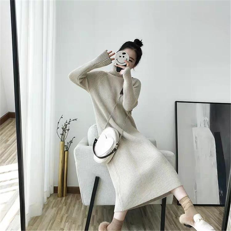 

Versatile knee-length thickened sweater skirt women s autumn and winter inner turtleneck knitted bottoming shirt loose long dress One size бежевый