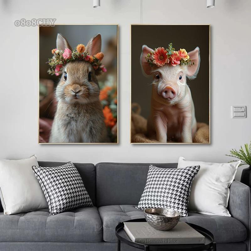 Baby Animal Flower Crown Print Canvas Painting Prints HD Posters Cute Animal Portriat Wall Art Pictures Home Kid Bedroom Decor