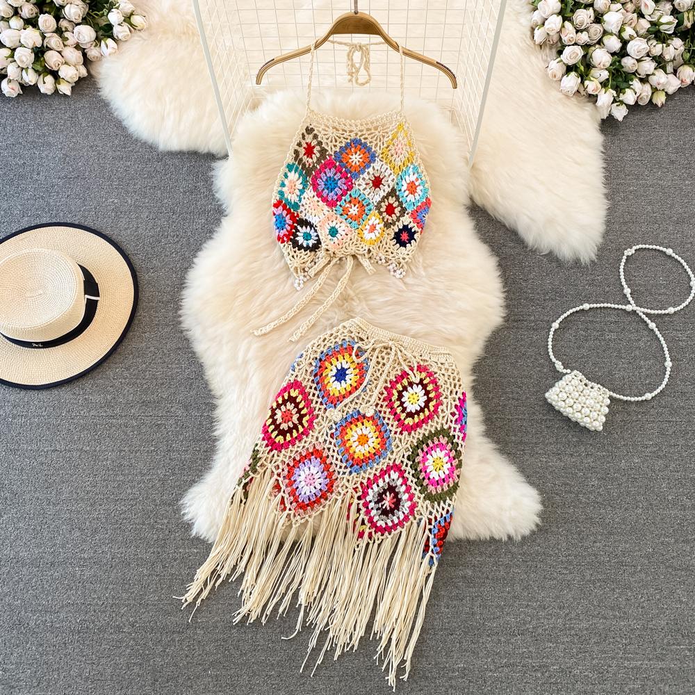 

Пляжный отдых, вязаный комплект в стиле ретро, ​​женский мини-майка с лямкой на шее + короткая юбка с кисточками, модный летний сексуальный костюм из двух предметов One Size абрикосовый