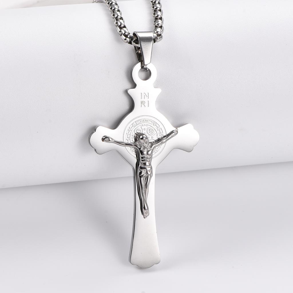 Catholic Christ Jesus Religion Saint Benedict Stainless Steel Cross Pendant Necklace Jewelry Gifts