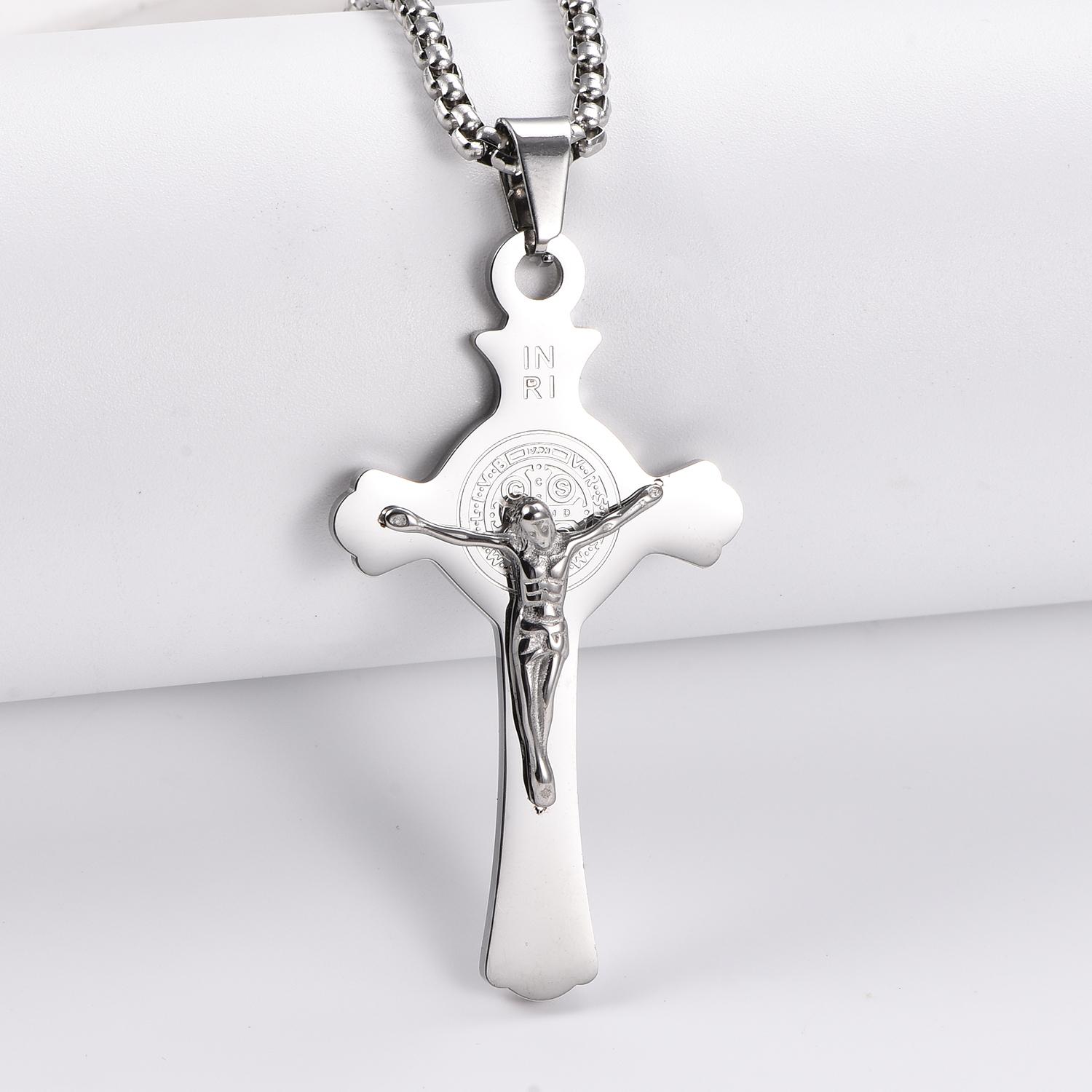 Catholic Christ Jesus Religion Saint Benedict Stainless Steel Cross Pendant Necklace Jewelry Gifts 50CM серебряный