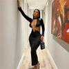 Sexy Cross Neck Hollow Out Maxi Dress Women Solid Backless Full Sleeve Hipster Party Robe Female Slim High Streetwear