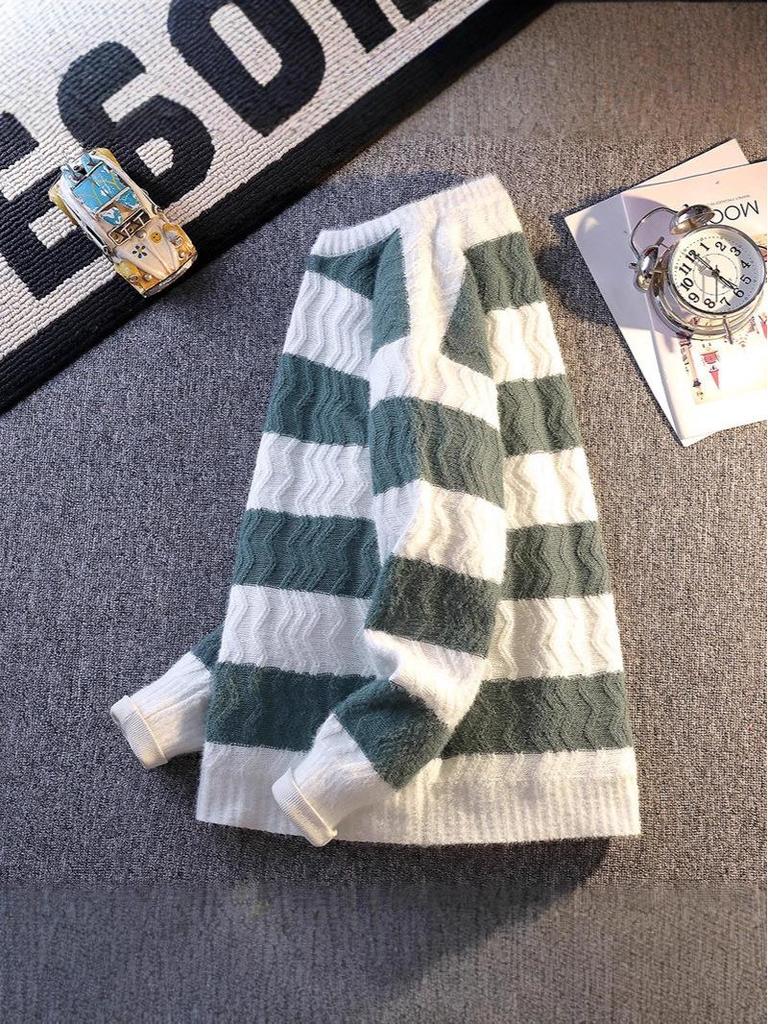 2025 Autumn/Winter Men's Korean Style Color Block Knitted Striped Pullover Sweater – Casual, Warm, Round Neck, Loose Fit.