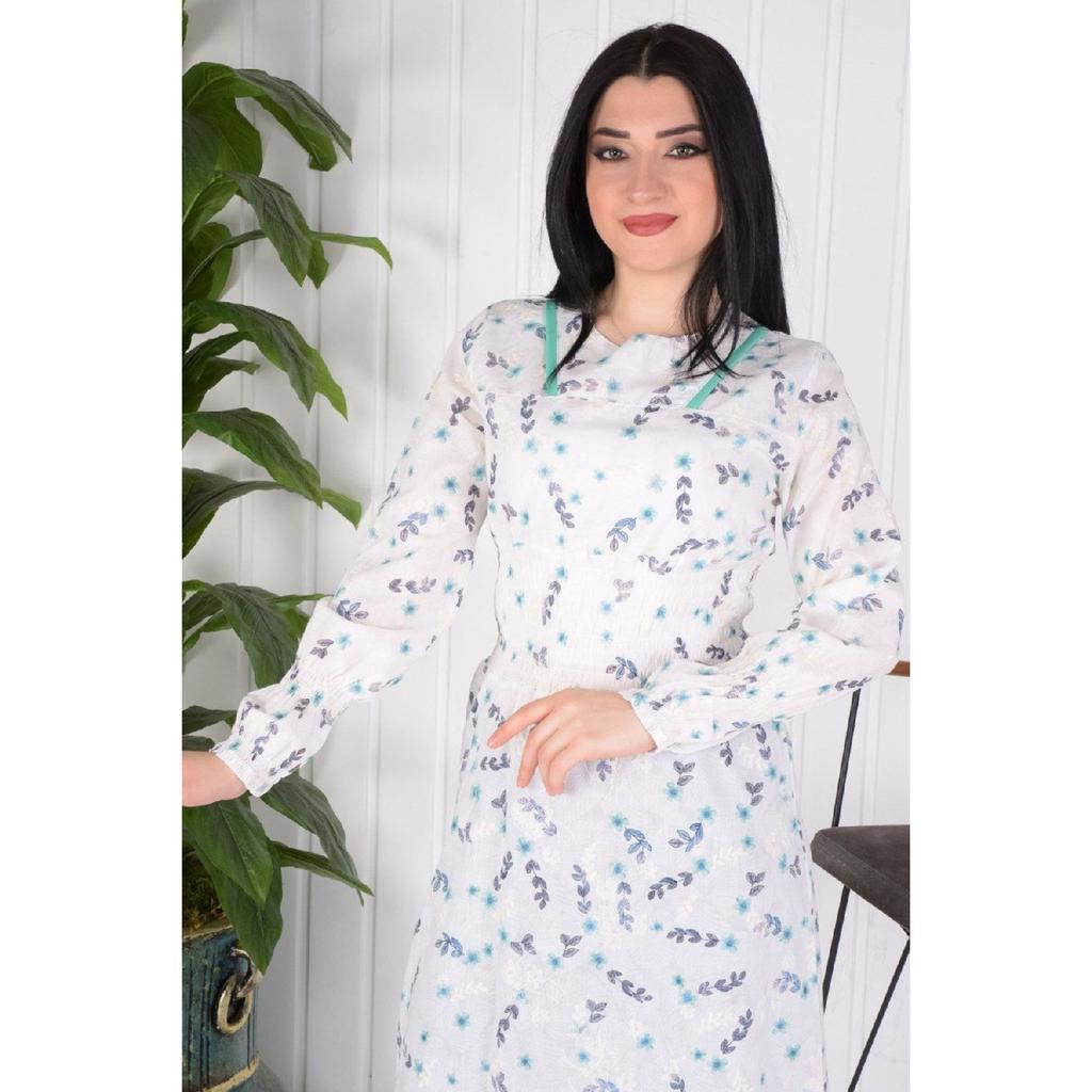 Long Hijab Elastic Waist And Embroidered Dress / Blue Flower Embroidery (brode) Slim Fit Buy A Larger Size