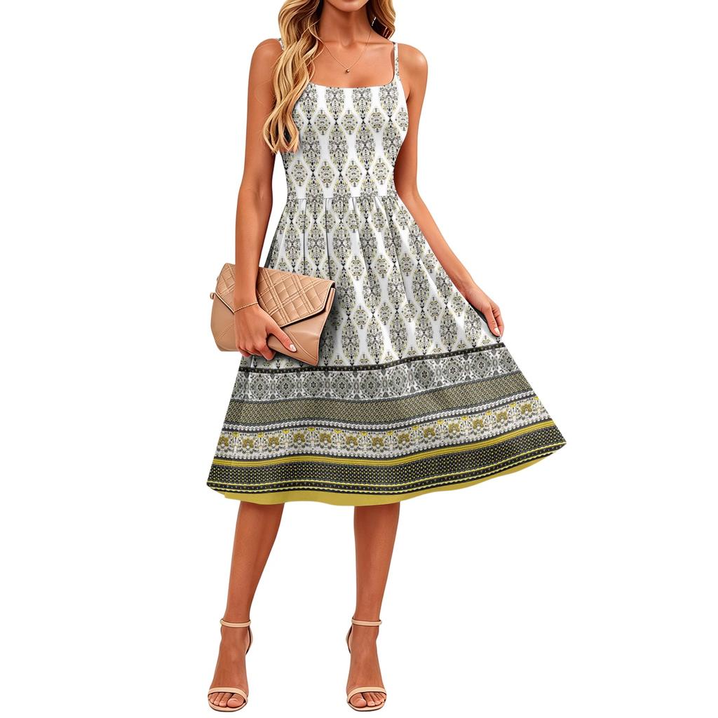 Women Sleeveless Adjustable Strap Midi Dress with Floral Print Pockets Casual A Line Sundress for Daily Wear