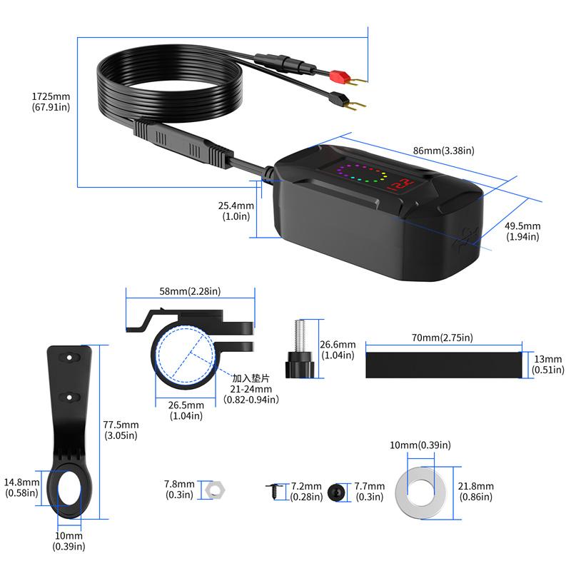 Digital 78W Pd30W+Qc3.0 Motorcycle Usb Charger With Retractable Cable Quick Phone Charger With Voltmeter & Independent Switch