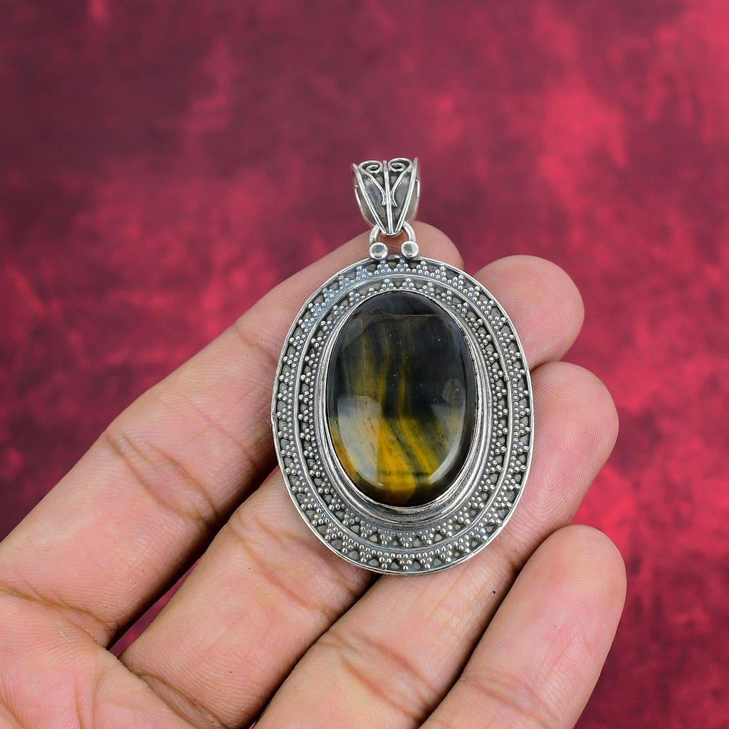 Blue Tiger's Eye Gemstone Jewelry, 925 Solid Sterling Silver Jewelry, Handmade Pendant Jewelry , Silver Jewelry Gift For Women