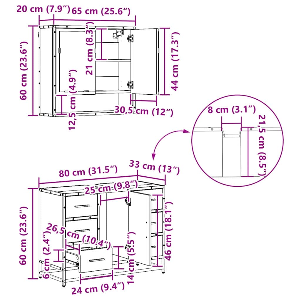 Bathroom Furniture Set 3 Pcs Black Oak Effect Wood Based Material
