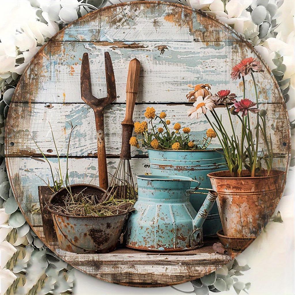 Wooden Disc Scrap Flower Pot Fork Sign 1 Piece 2D Wall Art Indoor/Outdoor Holiday Decoration Garden Room Decoration