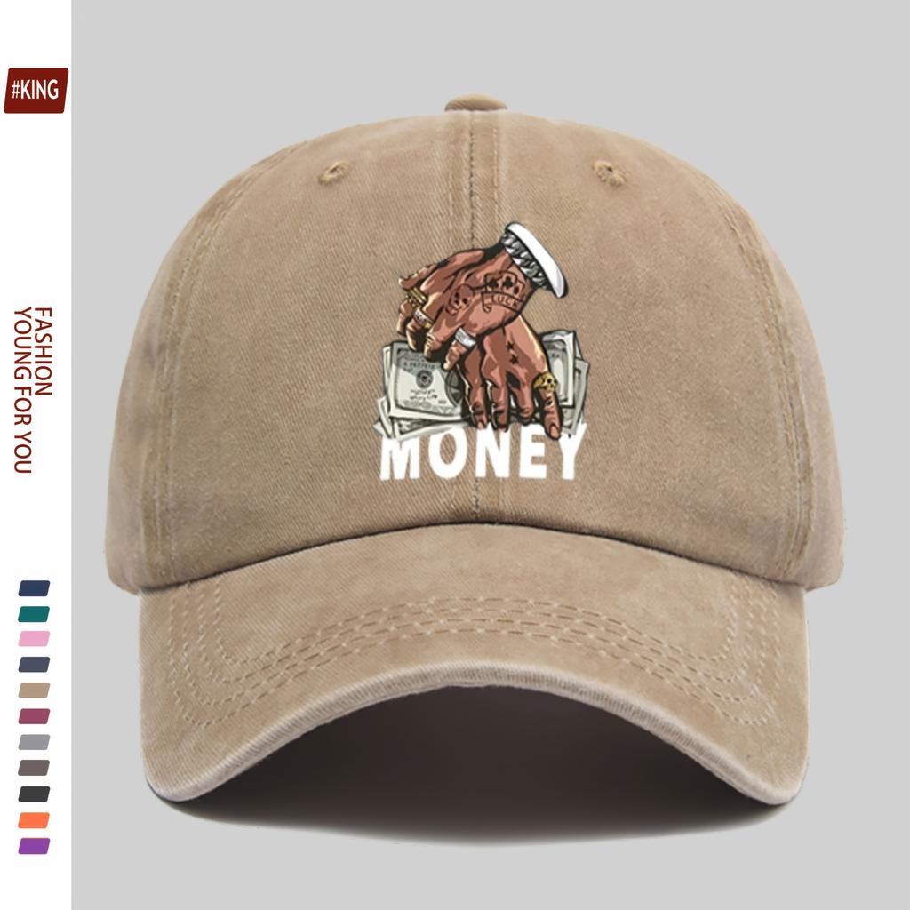 Money Graphic Print Washed Baseball Cap Adult Cotton Adjustable Outdoor Curved Brim Hat