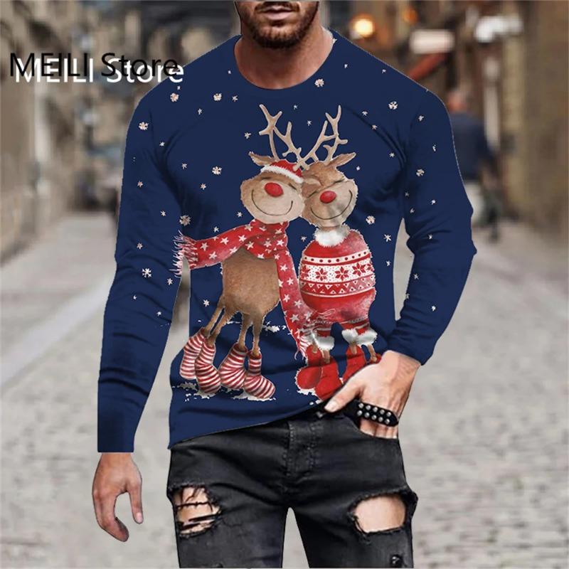 Men's T-Shirts Christmas Funny Reindeer Print Tees Casual Streetwear Long Sleeve T Shirt Pullover Harajuku Top Men Clothing