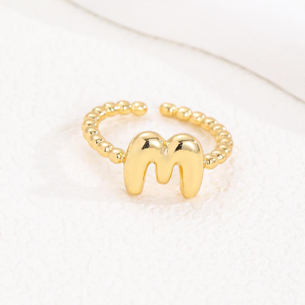 Adjustable 18K Gold Bubble Beaded Open Ring with 26 Alphabet Options