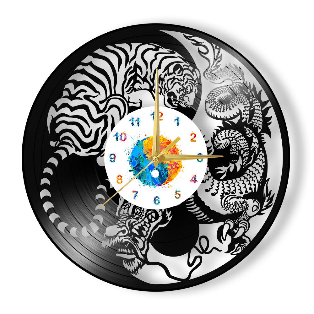 

Yin Yang Tiger and Dragon Vinyl Record Wall Clock Feng Shui Home Decor Elemental Energy Artwork Retro Music Album Wall Clock