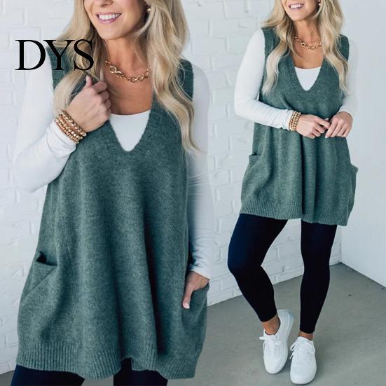 Sand Line Texture Vest Women Sweater V-neck Sleeveless Pockets Mid-length Knitting Jumper Tops Solid Color Autumn Winter Casual Knitwear Season