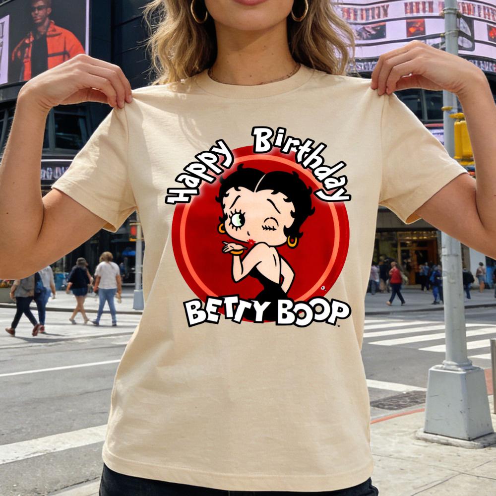 Winking Betty Boop in Red Circle Happy Birthday TShirt Retro Style Women Casual Cotton Short Sleeve Betty Boop Fan Gift Shirt