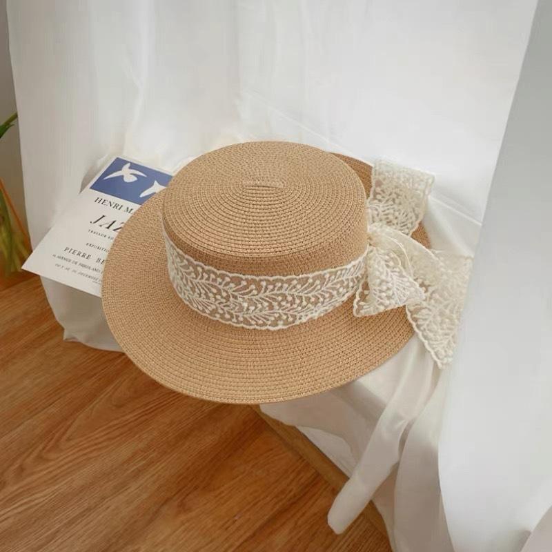 Small Fresh Pastoral Style Fashionable Versatile Flat-top Lace Sun Hat Women's Straw Weaving Travel Sun Hat Sun Protection Big Eaves
