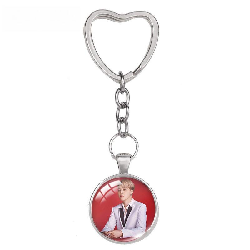 BTS Menber Photo Glass Dome Keychain, Heart Shaped Clasp Kpop Charm, Bangtan Boys ARMY Fans Bag Accessory