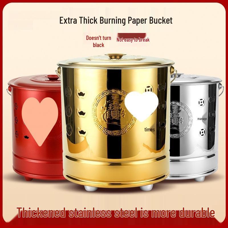 Yuanbao Stainless Steel Incinerator: Golden Iron Bucket for Burning Paper and Treasures Silver XS with fire hook
