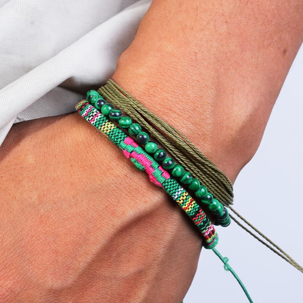 3pcs/set Men's Braided Bracelet Set, Natural Stone Couple's Bracelet, Bohemian Ethnic Cotton and Linen Hand-woven Bracelet